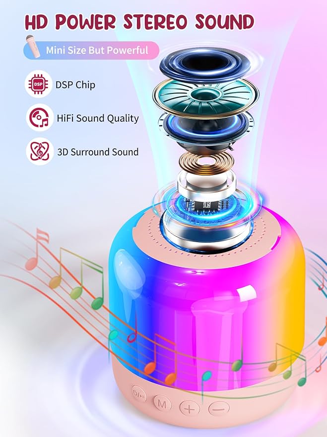 Mini Karaoke Machine for Kids Portable Bluetooth 5.3 Speaker with 2 Wireless Kareokee Microphones, 360° Colorful LED Light Karaoke Toy Gifts for Girls Boys Ages 4-12 Birthday(Peach Pink-2 Mic)