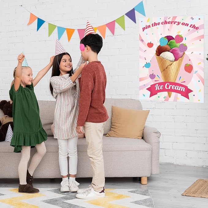 PLULON Ice Cream Party Game for Kids Pin the Cherry Strawberry on the Ice Cream Birthday Game Poster Cherry Strawberry Stickers for Boy Girl Birthday Summer Party Wall Decorations Classroom Activities