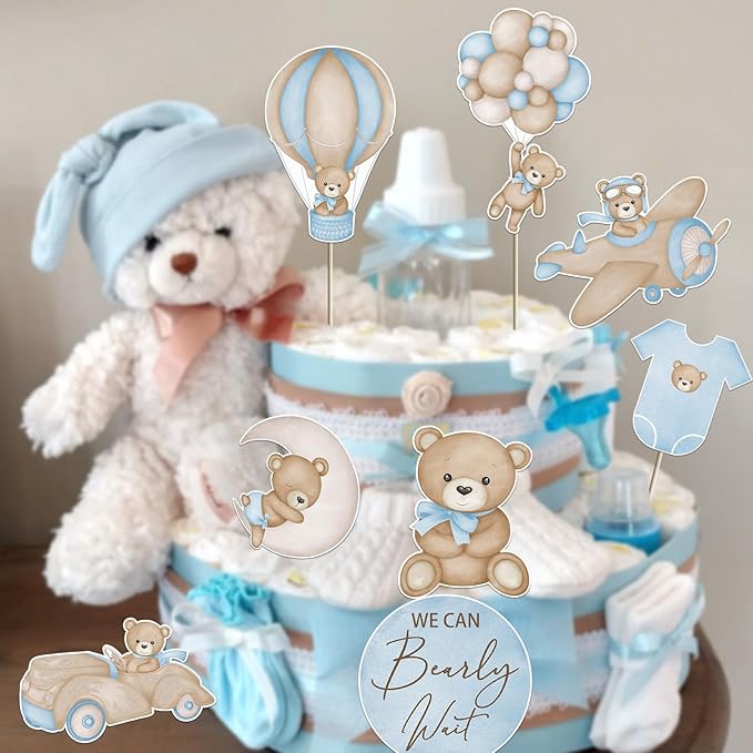 16Pcs We Can Bearly Wait Centerpieces for Baby Shower Decorations Blue Bear Baby Shower for Boys Birthday Party Supplies