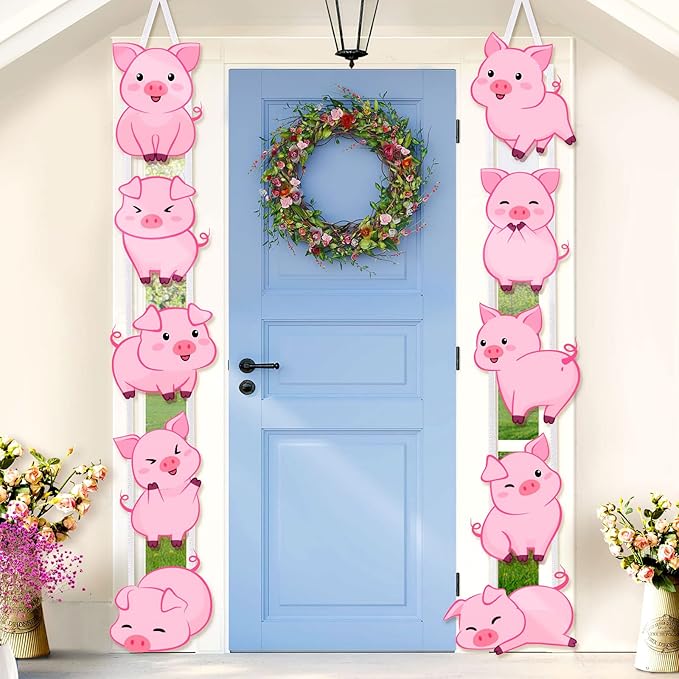 Jecery Pig Print Birthday Party Decorations Farm Animal Themed Party Door Signs Farm Animal Cutouts Banner Piggy Supplies for Kids Indoor Home Outdoor Banner Porch Sign for Birthday Baby Shower