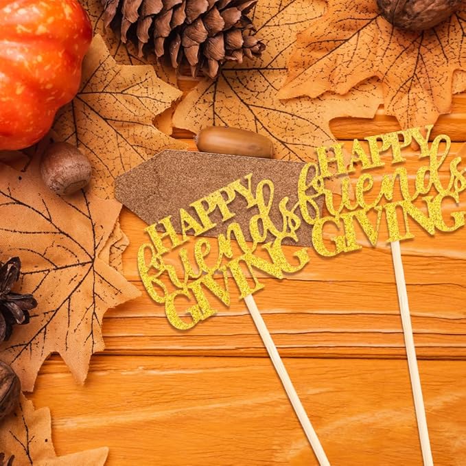 Happy Friendsgiving Cupcake Toppers, 24 PCS Glitter Happy Thanksgiving Cupcake Picks, Gold Give Thanks Cake Decorations Food Picks for Happy Thanksgiving Day Themed Birthday Party Decoration Supplies