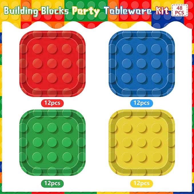 48pcs Building Block Party Supplies Building Bricks 7inch Birthday Paper Plates Birthday Party Supplies Colorful Paper Dessert Plates for Kids