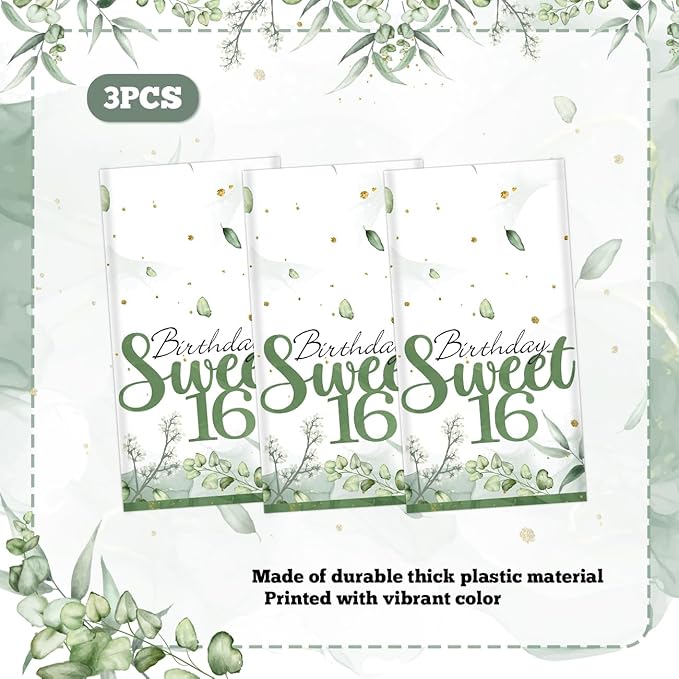 PATIAI Sweet 16 Party Decorations 3Pack Sweet 16th Tablecloths Sage Green 16th Birthday Disposable Plastic Rectangle Table Cover for Her Birthday Party Supplies 71 x 43 Inches
