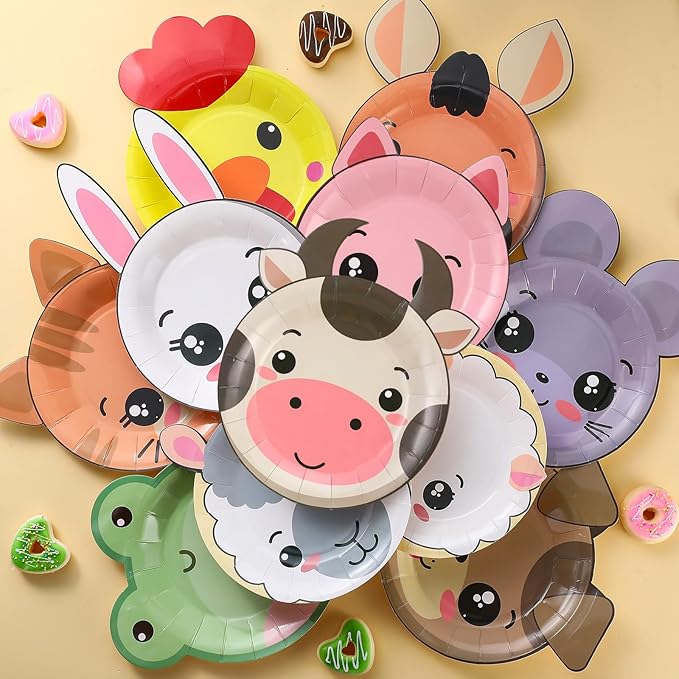 Zhehao 120pcs 7 Inch Farm Party Paper Plates Disposable Farm Animal Shape Plates Theme Supplies Tableware Livestock Animals Cartoon Animal Decorations for Birthday Party