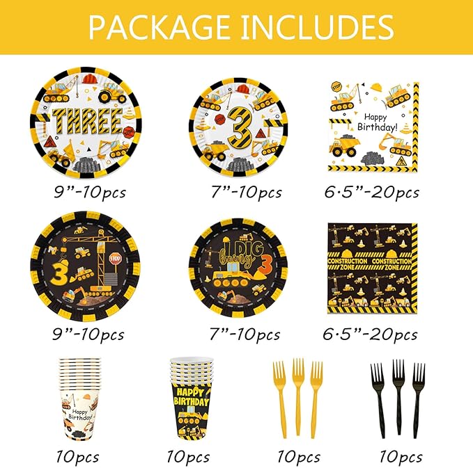 210 Pcs Construction 3rd Birthday Decorations - Includes Plates Napkins Cups Cake Cupcake Toppers Banner Hanging Swirls Tablecloths Balloons for Construction Boy Three Years Old Bday Party Supplies