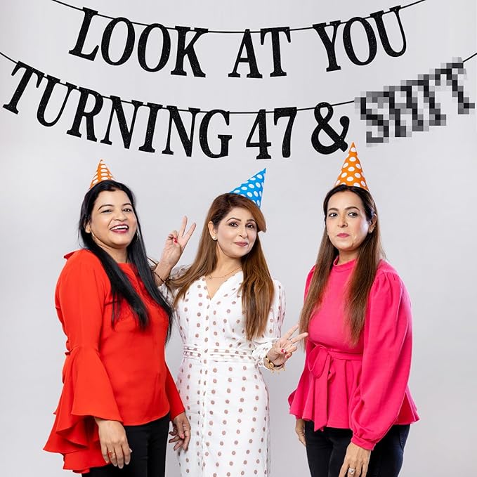 Black Glitter Look at You Turning 47 & Sh*t Banner, Happy 47th Birthday/Level 47 Unlocked/Cheers to 47 Years, Funny 47th Birthday Party Decorations Supplies