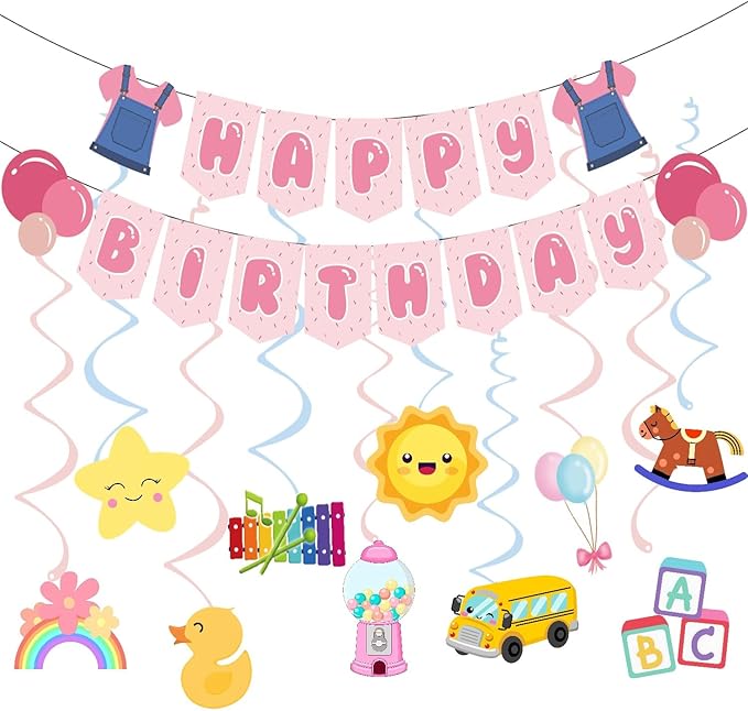 Cute Birthday Party Decorations with Cartoon Hanging Swirls for Kindergarten School 1st 2nd Girl Boy Birthday Party Decor Supplies