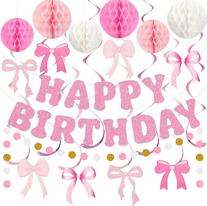 Amandir Pink Birthday Decorations for Girls Women, Glitter Happy Birthday Banner with Honeycomb Balls, Bow Hanging Swirls Streamers, Circle Dots Garland, Coquette Party Decorations