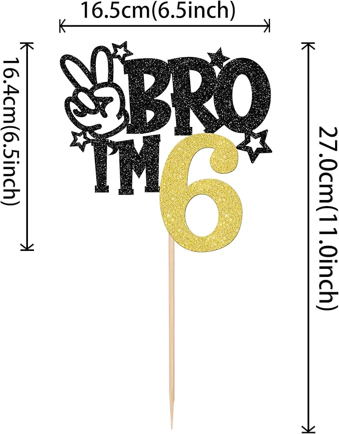 1 PCS Brother I'm 6 Cake Topper Glitter Star Happy 6th Birthday Cake Pick Bro I'm 6 Cake Decoration It's My 6th Birthday Decorations for Boys Cheers to 6 Years Old Birthday Party Supplies Gold