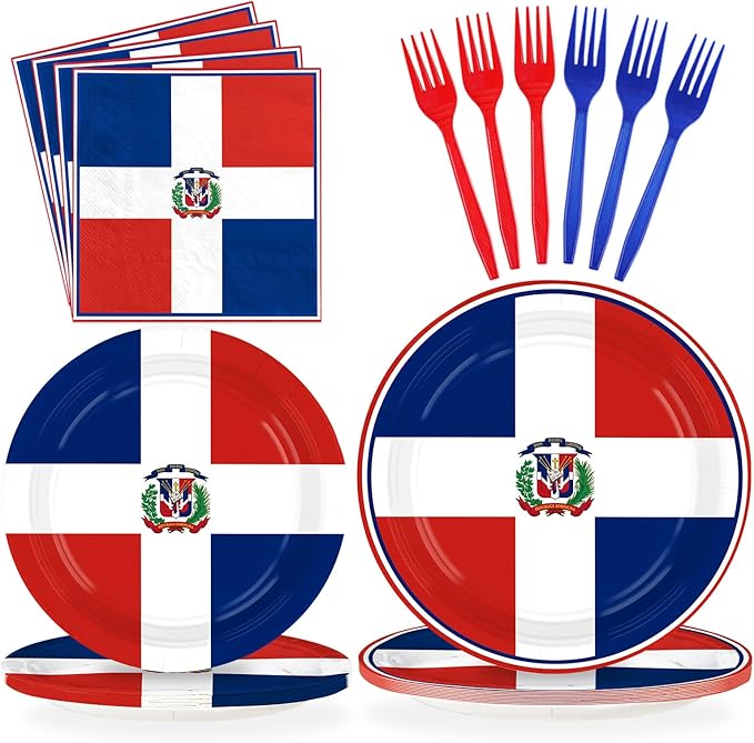 96Pcs Dominican Republic Flag Party Decorations Dominican National Plates and Napkins Red White and Blue Flag Tableware Set for Patriotic Country Festival Party Supplies Serves 24