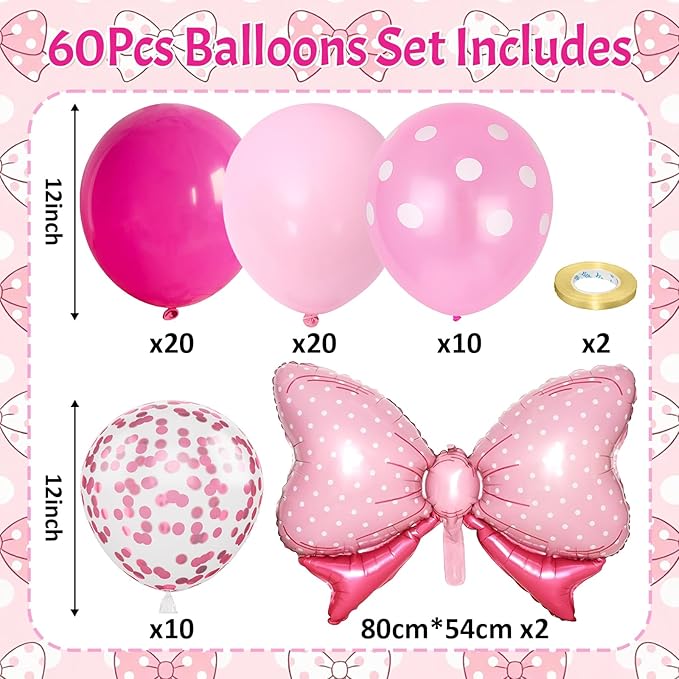 Pink Bow Balloons, 62Pcs 12Inch Hot Pink Bow Foil Balloons Set, Polka Dot and Confetti Latex Balloon for Girls Women Birthdays Baby Shower Bridal Bachelorette Cartoon Theme Valentine Party Decoration