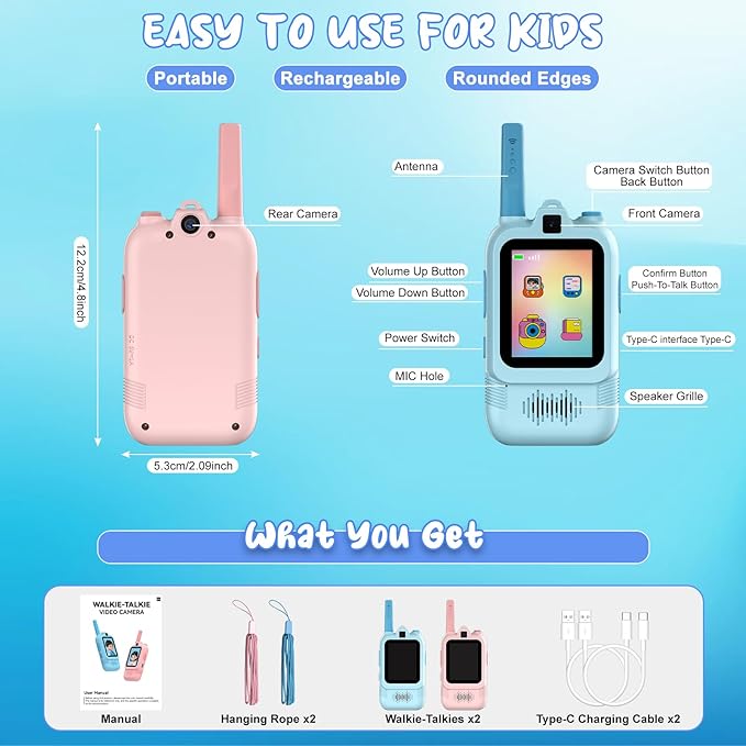 2 Pack Kids Video Walkie Talkies with Dual Cameras, Rechargeable Walkie-Talkie with Sticker Effect Photo/Voice Chat/Emoji Messaging, Gift for 3-12 Boys Girls to Family Fun Interaction