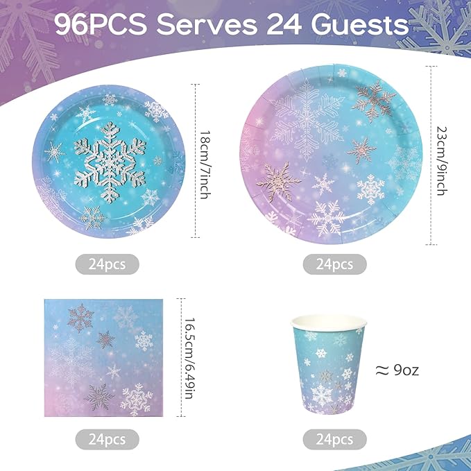 96Pcs Snowflake Plates and Napkins and Cups Kids Birthday Party Gradient Color Disposable Paper Plates for 24 Guests Picnic Baby Shower Tea Party Supplies
