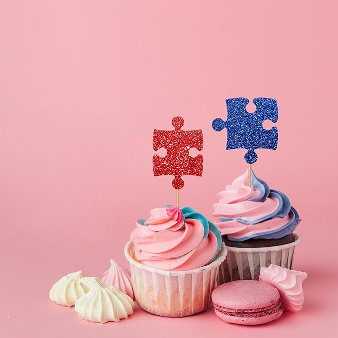 24pcs Puzzle Cupcake Toppers, Primary Colored Puzzle Cupcake Toppers, Colorful Glitter Puzzle Cake Decoration for Baby Shower, Kids Birthday/Autism Themed Party Supplies