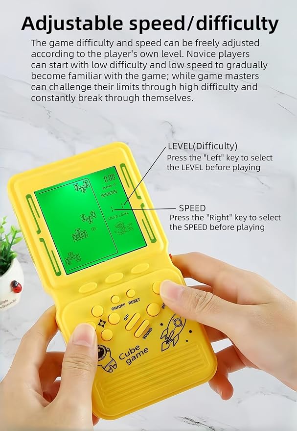 Electronic Cube Game Console Built-in 23 Block Games Thousands of Modes Green Backlight Adjustable Difficulty/Speed Handheld Puzzle Game Retro Toy for Children/Adults (Blue)