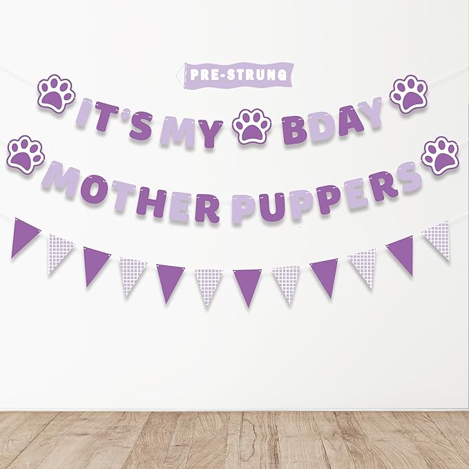 Vicycaty Pre-strung Birthday Party Supplies - It's My Bday Mother Puppers Banner Sign, Puppy Dog Paw Decorations Backdrop, Happy Birthday Pennants Banner for Boy Girl