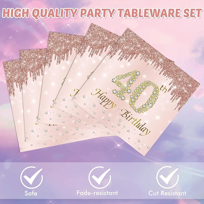 40 PCS 40th Birthday Decorations for Women 40th Birthday Plates and Napkins Set Forty Year Old Party Disposable Tableware set for Rose Gold 1986 40th Birthday Decorations