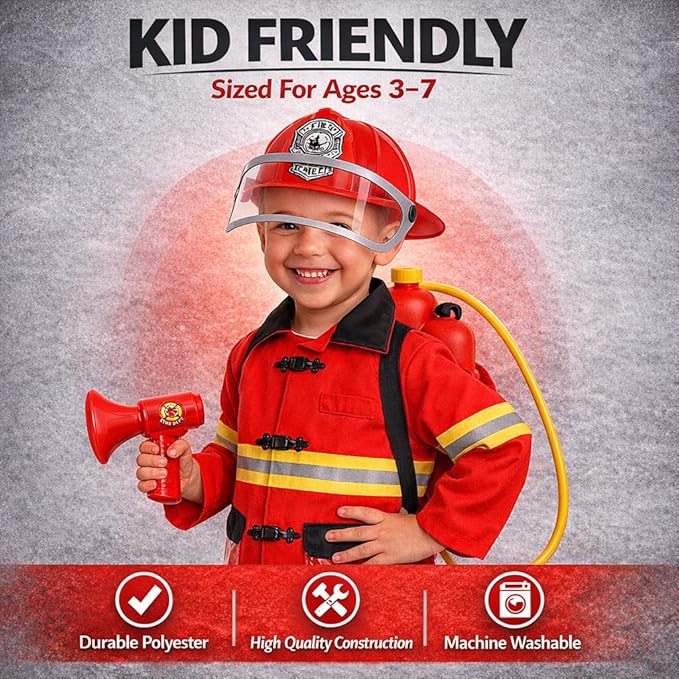 12 Piece Kids Fireman Costume Gear Firefighter Chief Dress Up Clothes for Role Play Toy Set with Backpack Water Gun, Fire Extinguisher and Accessories