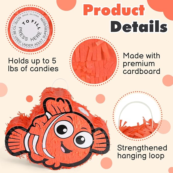 Nemo Pinatas Bundle with a Blindfold and a Bat(16.5 x 12.6 x 4 Inches), Perfect for kid's Birthday Parties, Mexican Theme Parties, Decorations