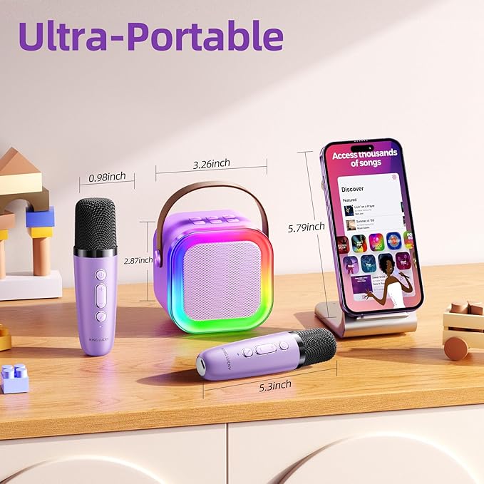 Kinglucky Mini Karaoke Machine for Kids, Top Birthday Gift Pick for Girls Ages 3, 4, 5, 6, 7, 8, 9, 10, 11, 12 Years Old, Kids' Personal Video Players Accessories with 2 Mics Valentine Kid Gift Purple