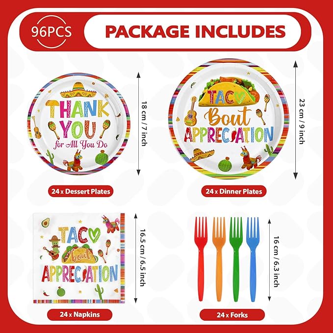 96Pcs Mexican Taco Bout Appreciation Party Decorations Thank You for All You Do Plates and Napkins Mexican Tacos Decorations for Teacher and Staff Appreciation Cinco De Mayo Party Supplies Serves 24