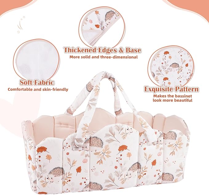 BABESIDE 3 Pcs Baby Doll Bassinet with Doll Bedding Set for 17-22 Inch Babydolls, Cute Animal Print Baby Dolls Crib with Blanket for Reborn Baby Doll Accessories, Off-White