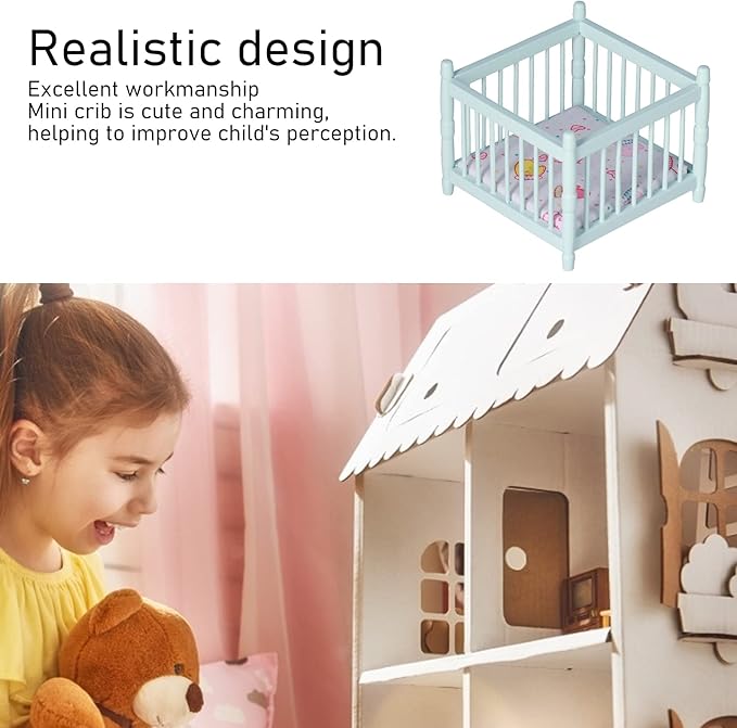 1:12 Scale Wooden Doll House Baby Bed DIY Miniature Doll House Mini Furniture Accessories with Mattress Square Bed Blue Children's Day Gift