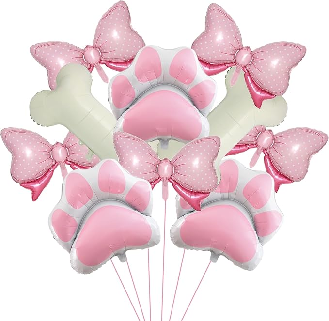 10 Pieces Dog Balloons Set Include 2Bone Foil 3 Dog Paw Balloons and 5 Mini Bow Birthday Party Decorations