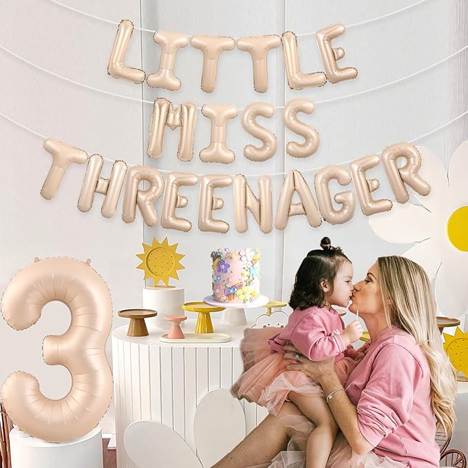 Little Miss Threenager Birthday Decorations Little Miss Threenager Balloon Banner Number 3 Balloons Makeup 3rd Party Supplies for Girls 3rd Birthday (Beige Balloon Banner)
