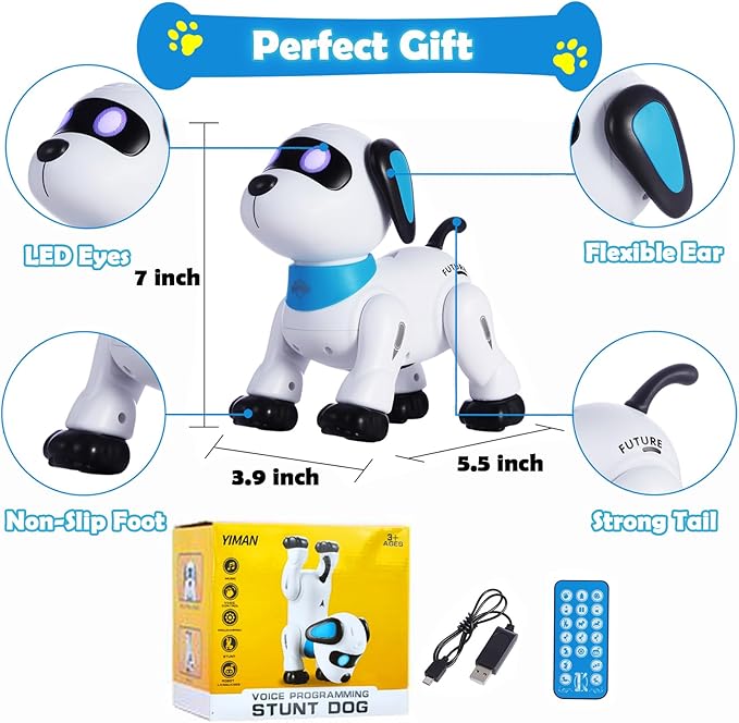 yiman Remote Control Robot Dog Toy – Programmable Smart Robot Dog for Kids 3+, Interactive Dancing & Sound, RC Stunt Toys with LED Eyes, Electronic Pet Toy for Boys & Girls Gifts (Blue)