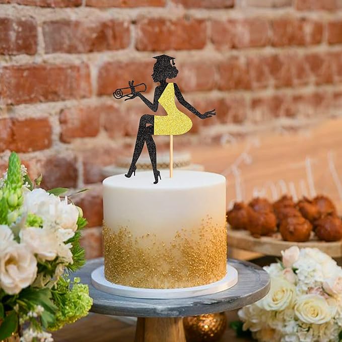1 Pcs High Heel Girl Graduation Cake Topper with Grad Cap Diploma Cake Pick 2026 Senior Cake Decorations for 2026 Girl Graduation Theme Party - Black Gold Glitter