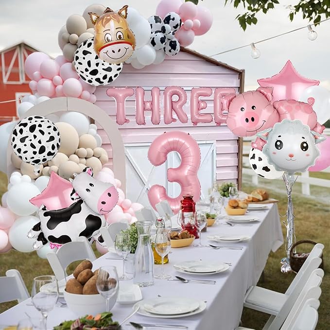 21 PCS Farm Animal Theme Party Balloons, Farm Cow Print Sheep Pig Donkey Mylar Foil Balloons Baby Shower Boy Girl 3rd Birthday Party Decor Supplies (3rd)