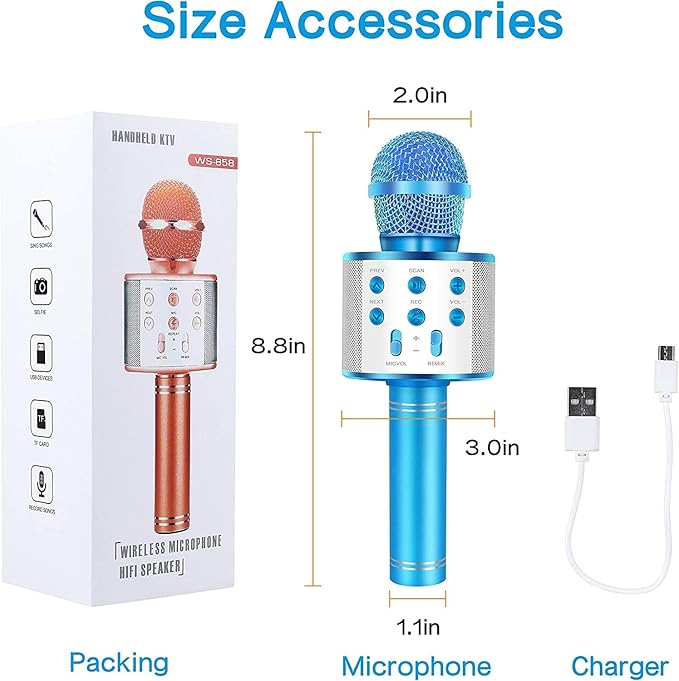Wireless Bluetooth Karaoke Microphone for Kids, 5-in-1 Portable Handheld Karaoke Mic Speaker Player Recorder with Adjustable Remix for Kids Girls Boys Teens Birthday (Blue)