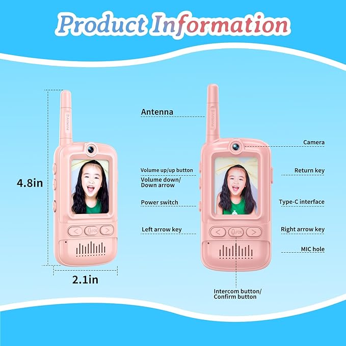 Video Walkie Talkies for Kids Rechargeable Walkie Talkies Long Range with Emoji Chat and Photo Functions Multifunctional Indoor Outdoor Toys for Kids Christmas Birthday Gifts (Pink)