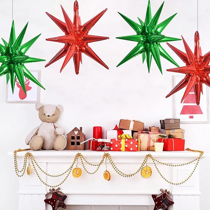 TONIFUL 4 Pcs 22inch 4D Red Green Explosion Star Mylar Balloons 14Point Star Balloons for Party Decorations Backdrop Christmas,New Year Birthday, Wedding Baby Shower Anniversary Photo Booth Supplies