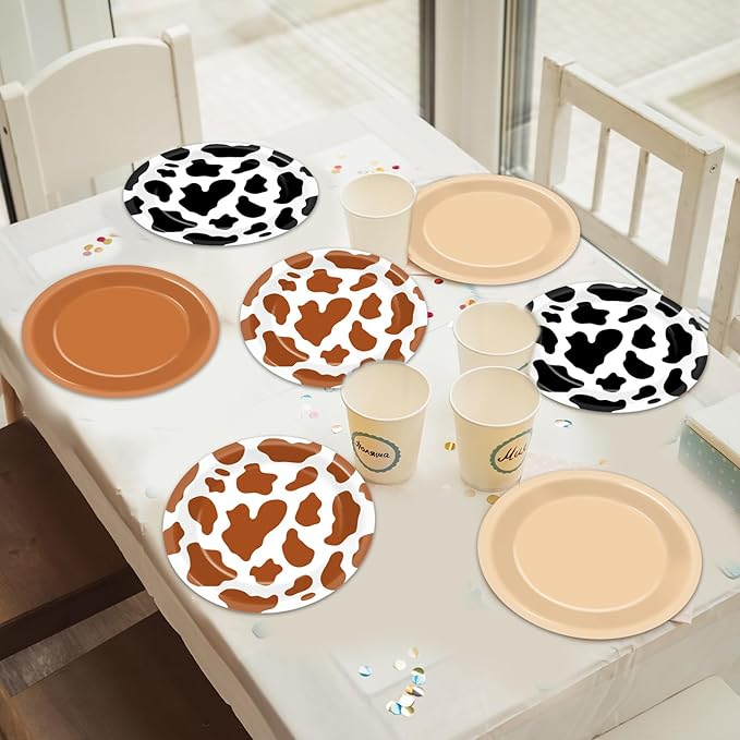CHUNNIN 48Pcs Western Cowboy Party Paper Plates 7” Cow Print Party Supplies Brown Cowgirl Disposable Dessert Dinner Plates for Western Theme Farm Animal Birthday Baby Shower Farmhouse Party Decoration