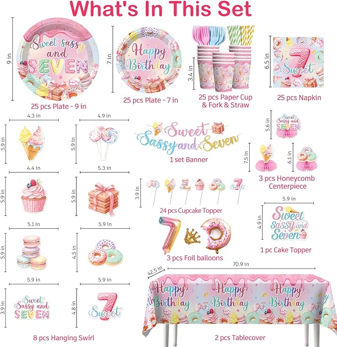 Xynic 200pcs 7th Birthday Decorations for Girls, Convenient Paper Tableware Set Includes Threaded Banner 350gsm Plates and Foil Balloons, for Sweet Sassy and 7 Birthday, Serves 25