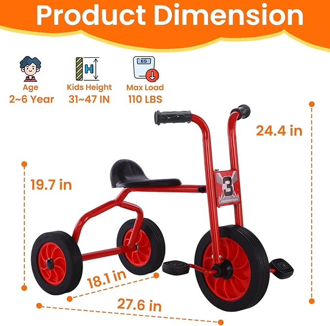 Kids Tricycle for Rider Age 2+, Big Wheel Kids Trike with Rubber Wheels, Preschool Daycare Kids Bike, Birthday Toys Gift for Boys and Girls