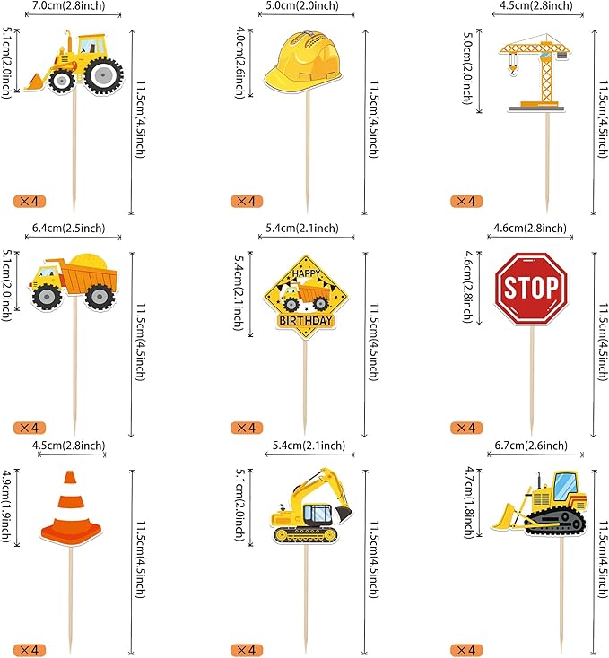 36 Pack Construction Cupcake Toppers Stop Sign Dump Truck Excavator Tractor Party Cake Picks Decorations for Construction Theme Baby Shower Birthday Party Cake Decorations Supplies