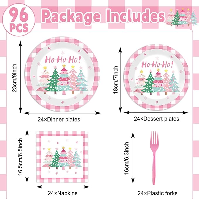 CHUNNIN 96Pcs Pink Christmas Trees Paper Plates and Napkins Xmas Watercolor Party Decorations Pink Xmas Trees Disposable Tableware Set for Kids Girls Winter Holiday Birthday Home Party Supplies