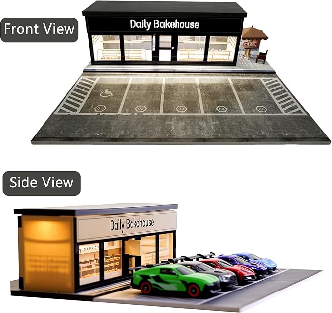 1/64 Model Car Display Shop Case for Adults, Premium in-House-Design Scale Diecast Parking Garage for Toy Cars, Toys Car Garage, Scenic Diorama Display Car Park with ith LED Lamps, Gifts for Men