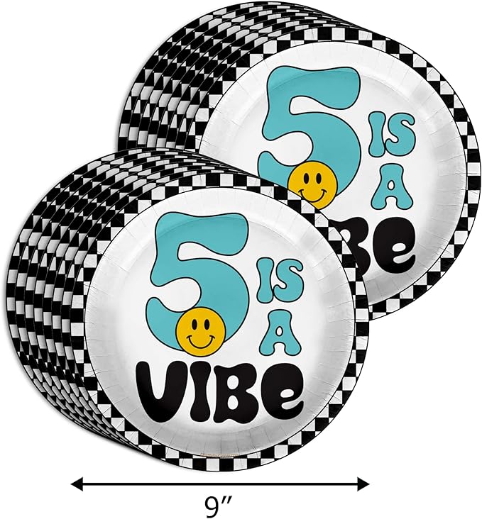 Birthday Galore Five is a Vibe Smiley Face Theme Supplies – 64 Pieces Tableware Set with Plates, Napkins, & Cups – A Quick, Easy Setup for a Bright, Cheerful 5th Birthday Bash Celebration – Kit for 16