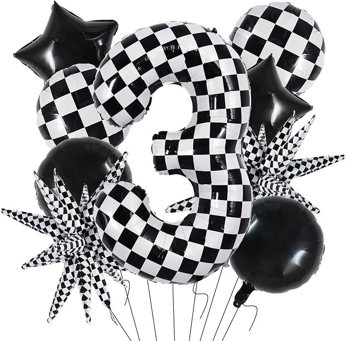 TONIFUL 40 Inch Checkered 3rd Birthday Balloons Set Number 3 Race Car Black Black White Checkered Round Explosion Star Balloons Boys Race Car Themed Birthday Party Decoraction