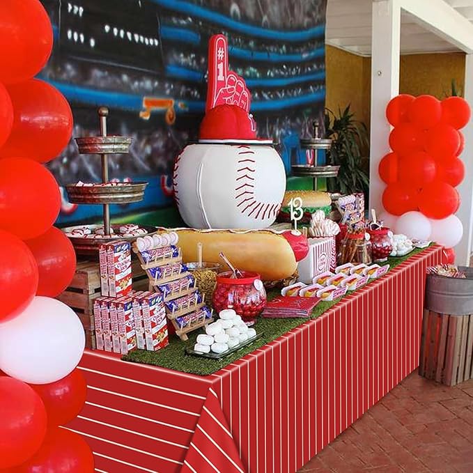 4 Pcs Plastic Baseball Tablecloths, Rectangle Red Stripe Table Cloth for Baseball Game Day Sports Theme Party Supplies, 51 x 86 Inches