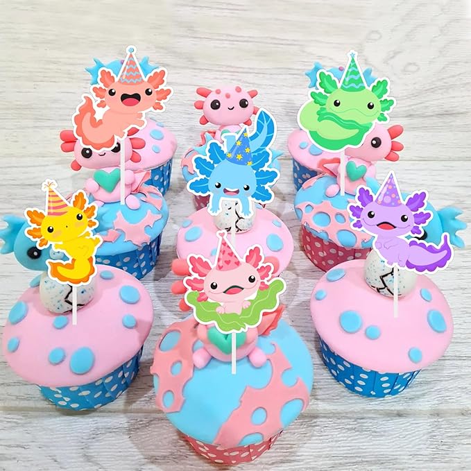 36 Pieces Axolotl Cupcake Toppers Birthday Decorations for Boys Girls - Cartoon Animal Axolotl Theme Cake Decors Picks Baby Shower Gender Reveal Party Favors Supplies