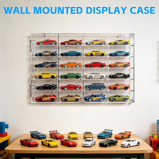Acrylic Display Case for Hot Wheels 1/64 Scale, 24 Slots Toy Car Display Organizer Wall Mount or Desktop Diecast Model Car Showcase for Matchbox Storage Clear Collectible Model Storage