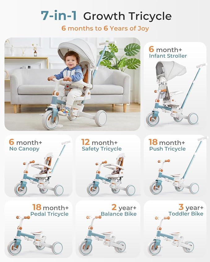 7-in-1 Tricycle for Toddlers 1-3 Years, Foldable Baby Trike Stroller with Steering Push Handle, Gift for Boys Girls 12 Months to 6 Years- Blue