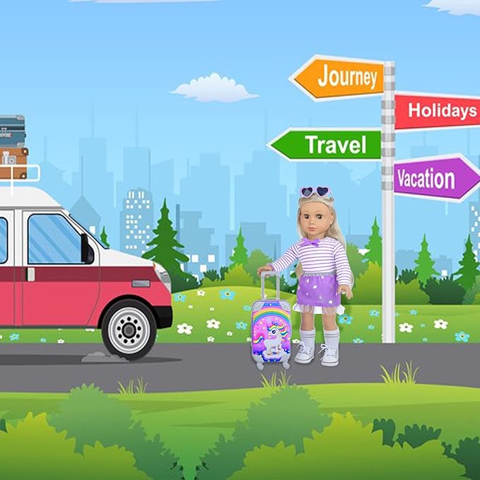 DONTNO 29 Pcs American Doll Clothes & Accessories, Cute Travel Play Set for 18 Inch Doll - Purple Clothes Suit, Unicorn Suitcase, Handbag, Lipstick, Camera, Sunglasses