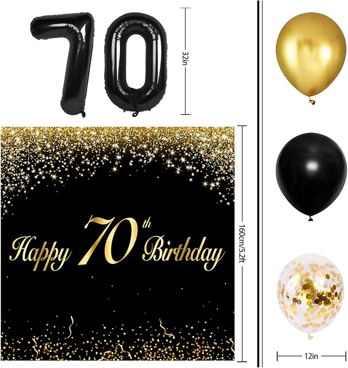 Happy 70th Birthday Balloons Black Set Decor - Cheers to 70 Years Old Party Theme Garland Banner Backdrop Decorations For Women and Men Supplies