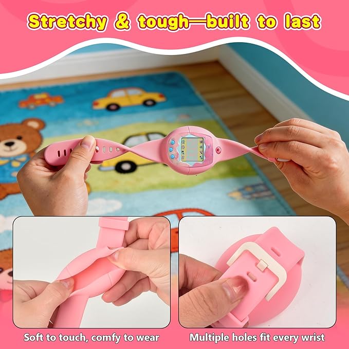 Soft Silicone Wristband for Tamagotchi Original, for Gen 1/2, Neon, Retro Flowers, 90s, Fresh Strawberry, Adjustable Anti-Drop Strap for Kids, Teens, Adults, Parents & 90s Nostalgia Lovers (Pink)